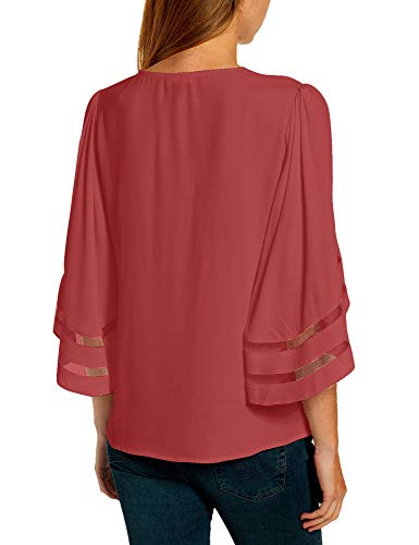 LookbookStore Women's Tea Rose V Neck Casual Mesh Panel Blouse 3/4 Bell Sleeve Solid Color Loose Top Shirt Size XXL(US 18-20)
