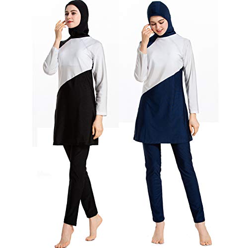 Long Swimsuit Muslim Swimwear Full Cover Hijab Modest Swimsuit Women Islamic Clothing Plus Size Burkini (Blue White, L)