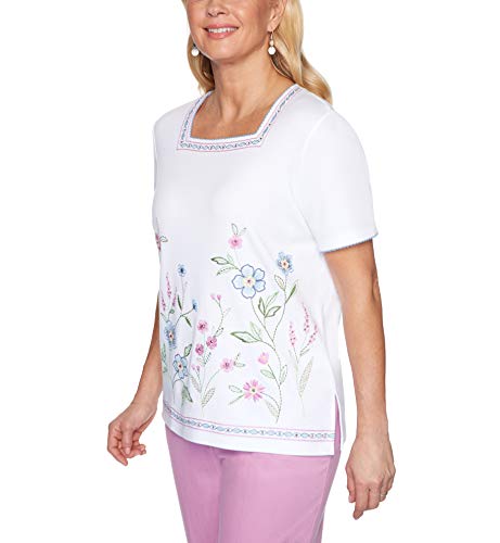 Alfred Dunner Women's Plus Size Border Embroidered Floral Top, White, 2X
