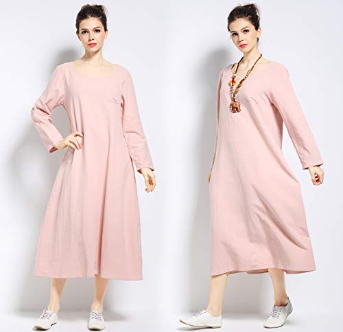 Anysize Long-Sleeved Linen Cotton Spring Summer Dress Plus Size Clothing F148A Skin Pink