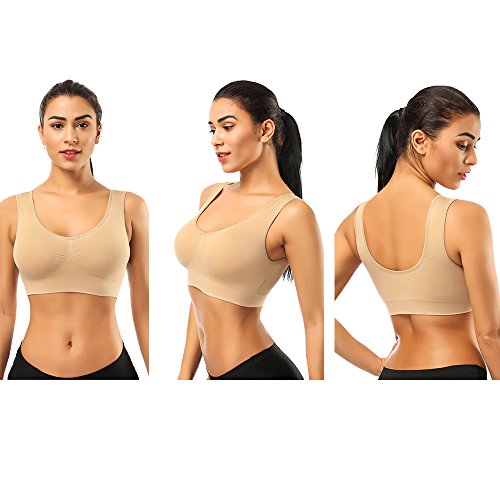BESTENA Sports Bras for Women,2 Pack Seamless Comfortable Yoga Bra Plus Size with Removable Pads(Black+Nude,Large)