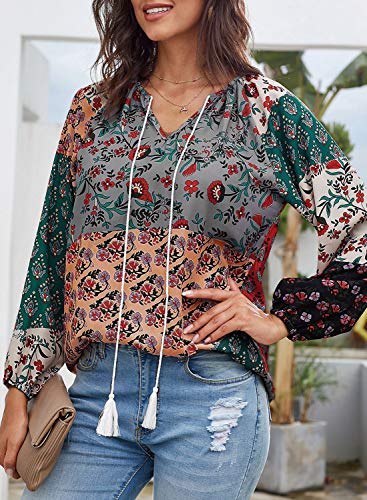HOTAPEI Womens Summer Cute Long Sleeve Floral Boho Bohemian Chiffon Peasant Split V Neck Loose Shirts and Blouses for Women Plus Size Navy Orange US 18 20